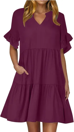 Summer Dresses for Women Casual Ruffle Sleeve Button Down Shirt Dress Tiered Flowy Shift Sundresses with Pockets