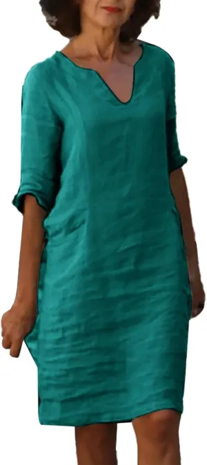 Summer Dresses for Women Loose Plain Half Sleeve V Neck Knee-Length Classic Midi Spring Flowy Vacation Dress