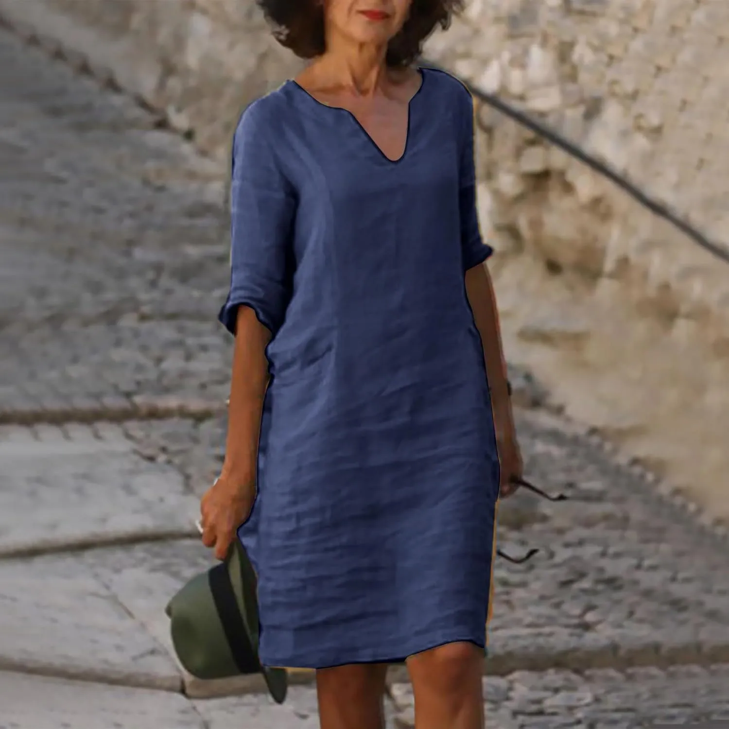 Summer Dresses for Women Loose Plain Half Sleeve V Neck Knee-Length Classic Midi Spring Flowy Vacation Dress