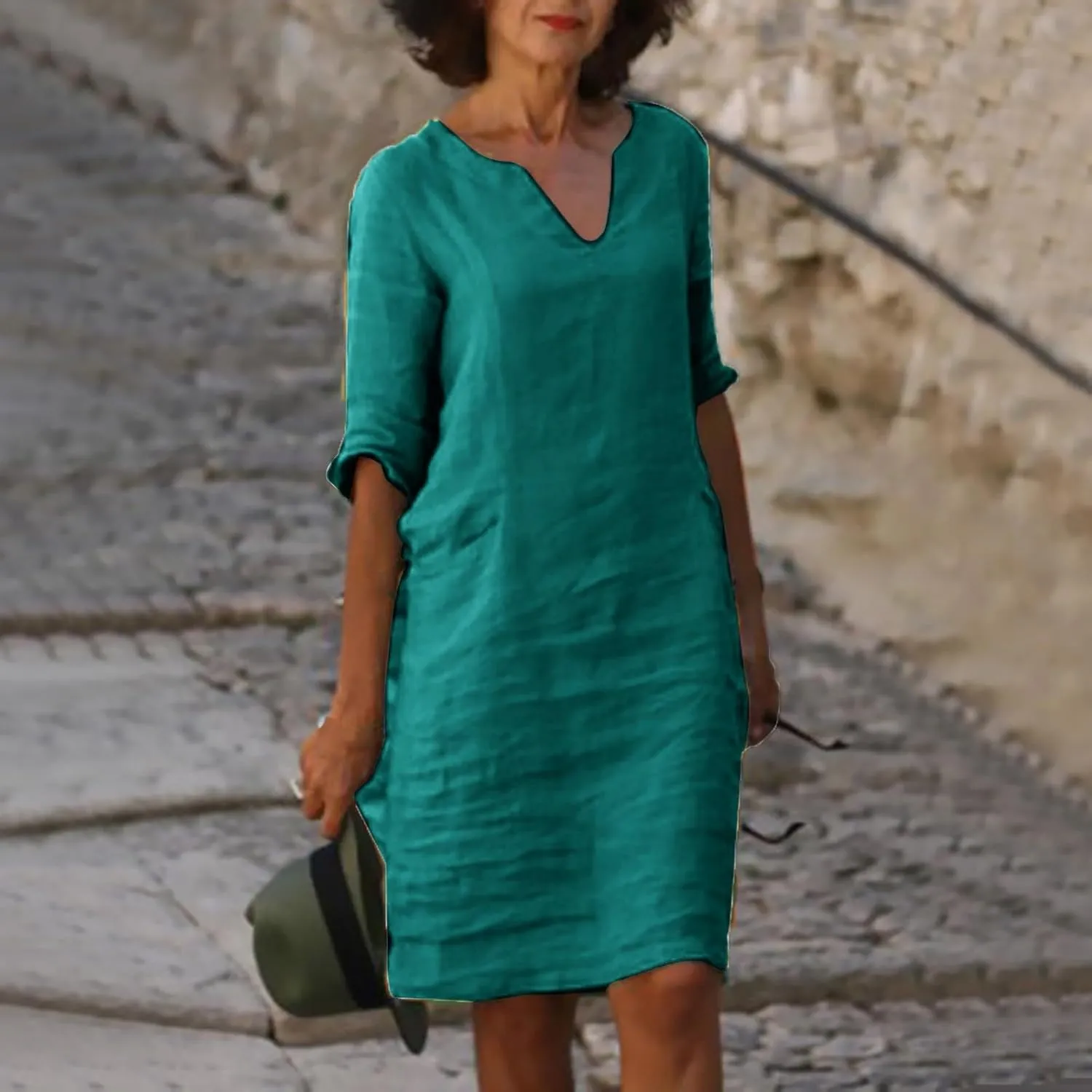 Summer Dresses for Women Loose Plain Half Sleeve V Neck Knee-Length Classic Midi Spring Flowy Vacation Dress