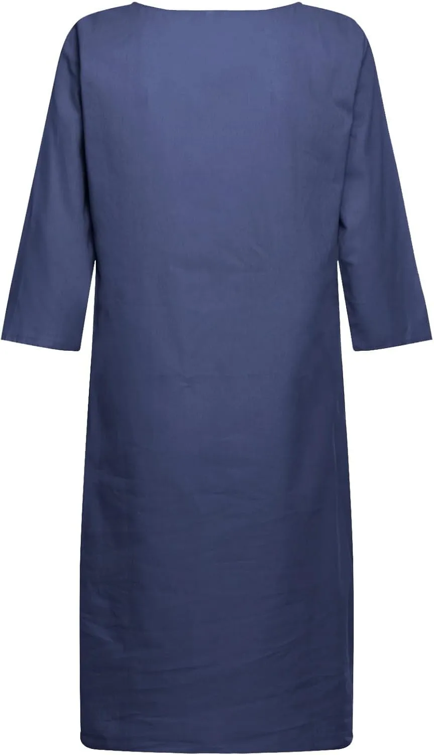 Summer Dresses for Women Loose Plain Half Sleeve V Neck Knee-Length Classic Midi Spring Flowy Vacation Dress