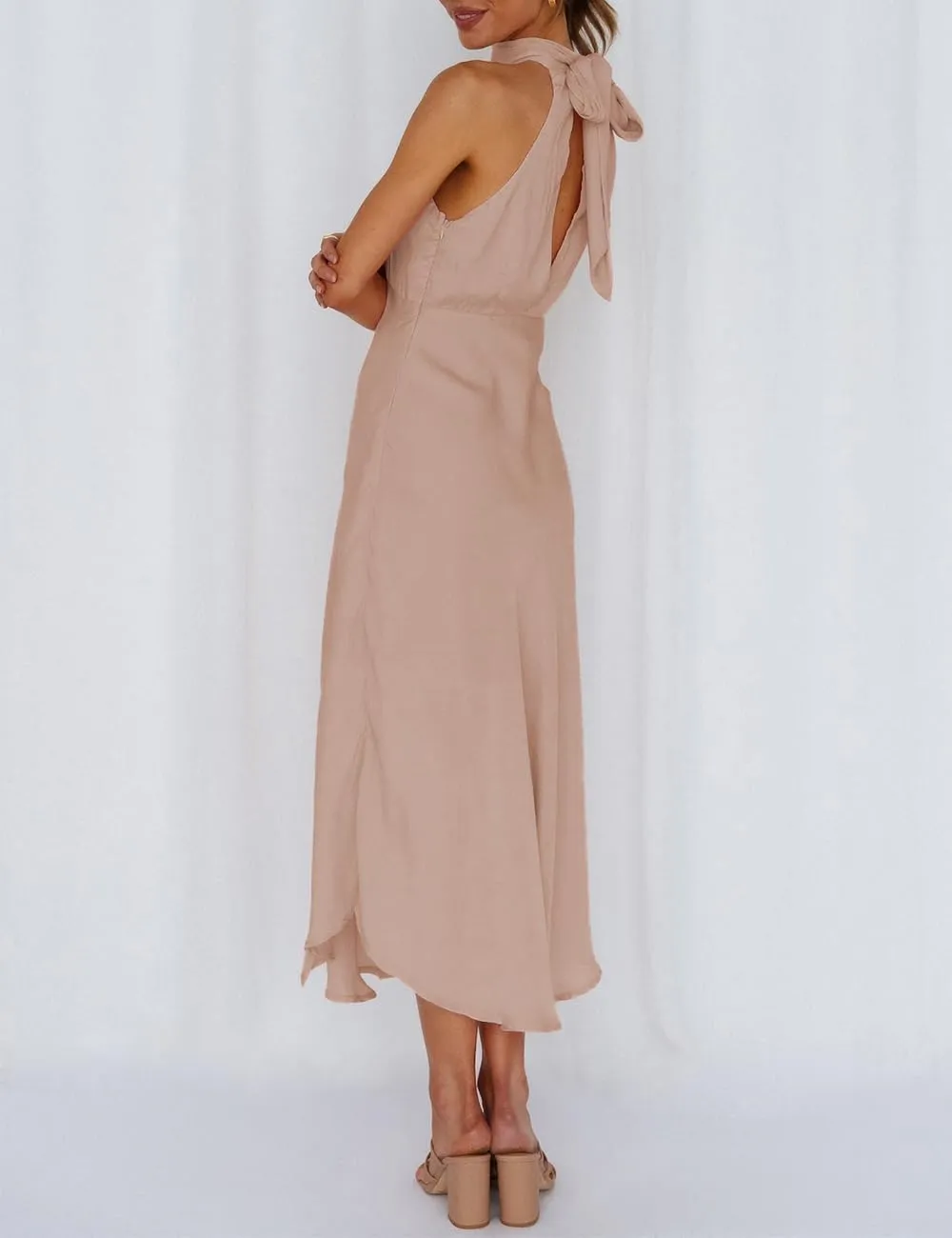 Summer Halter Neck Slit Cocktail Midi Dress 2023 Sexy Cut Out Elegant High Neck Long Dresses for Women Wedding Guest