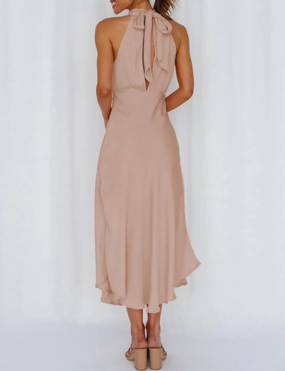 Summer Halter Neck Slit Cocktail Midi Dress 2023 Sexy Cut Out Elegant High Neck Long Dresses for Women Wedding Guest