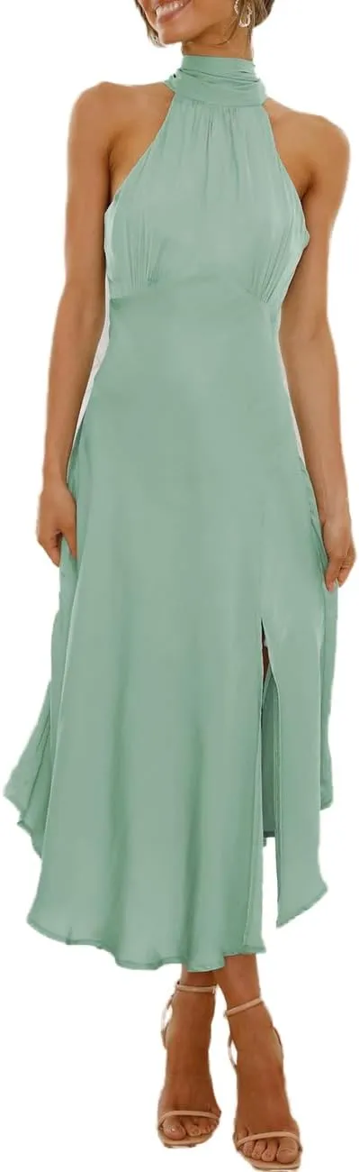 Summer Halter Neck Slit Cocktail Midi Dress 2023 Sexy Cut Out Elegant High Neck Long Dresses for Women Wedding Guest