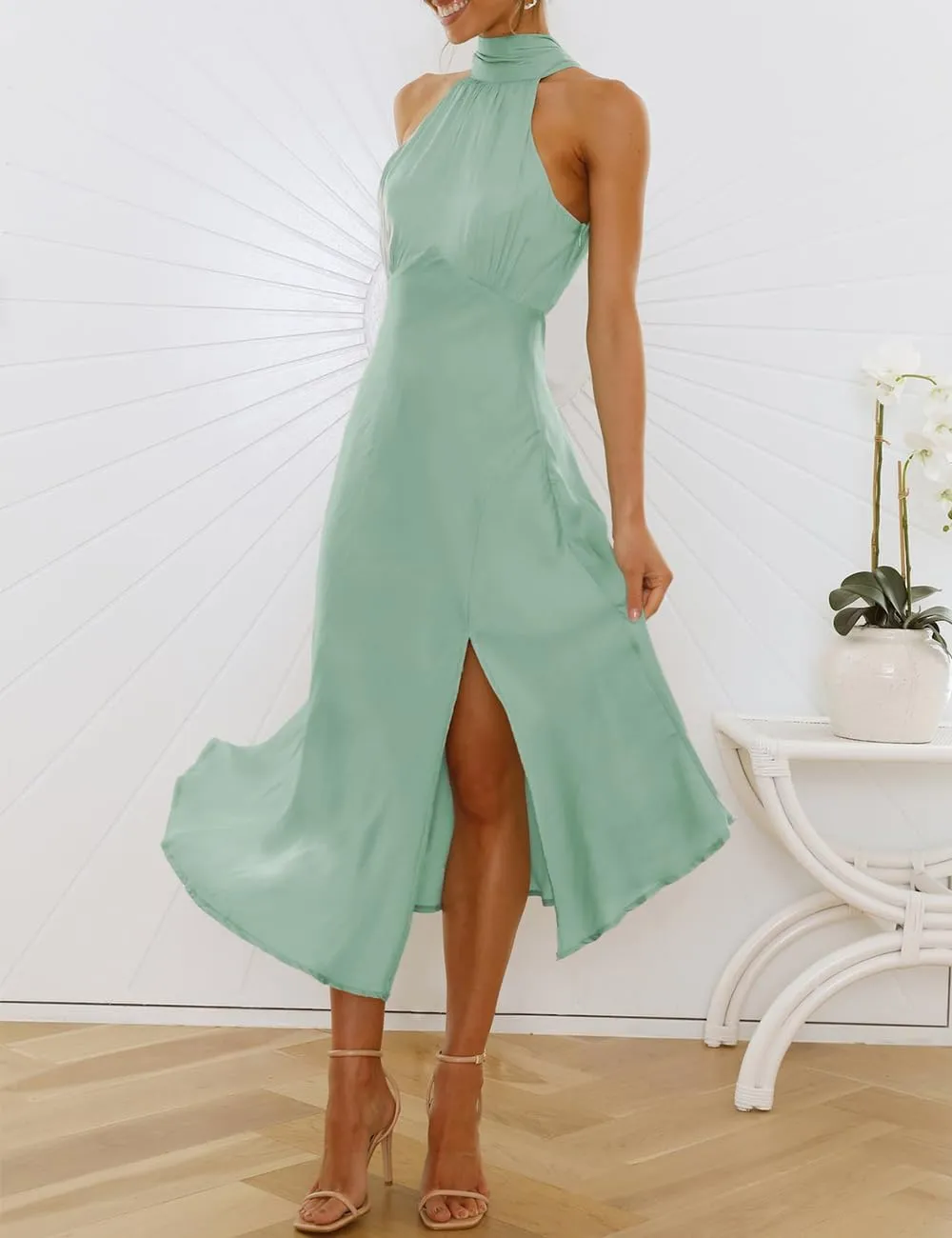 Summer Halter Neck Slit Cocktail Midi Dress 2023 Sexy Cut Out Elegant High Neck Long Dresses for Women Wedding Guest