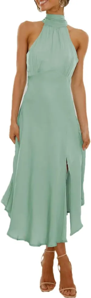Summer Halter Neck Slit Cocktail Midi Dress 2023 Sexy Cut Out Elegant High Neck Long Dresses for Women Wedding Guest