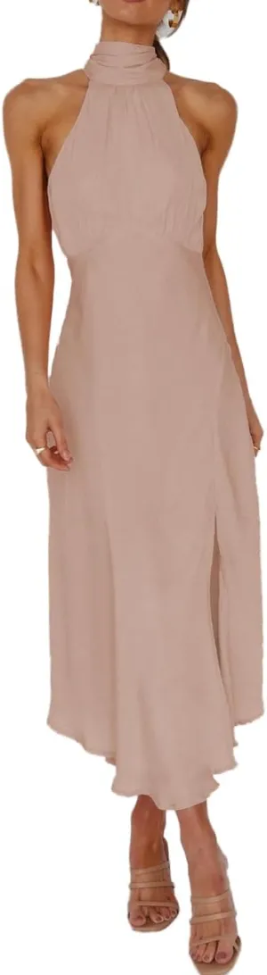 Summer Halter Neck Slit Cocktail Midi Dress 2023 Sexy Cut Out Elegant High Neck Long Dresses for Women Wedding Guest