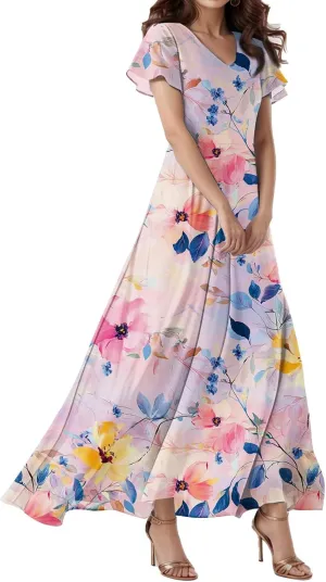 Summer Maxi Dresses for Womem 2025 V Neck Boho Flowy Butterfly Sleeve Sundress High Waist Beach Vacation Dress