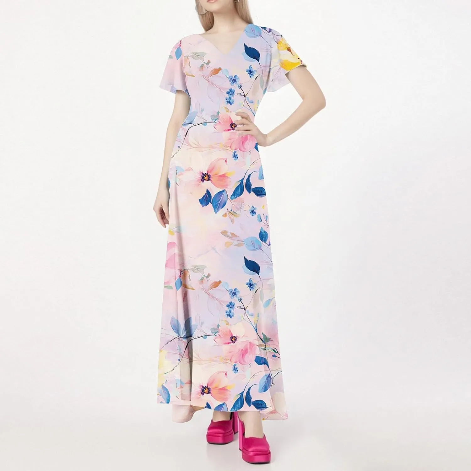 Summer Maxi Dresses for Womem 2025 V Neck Boho Flowy Butterfly Sleeve Sundress High Waist Beach Vacation Dress