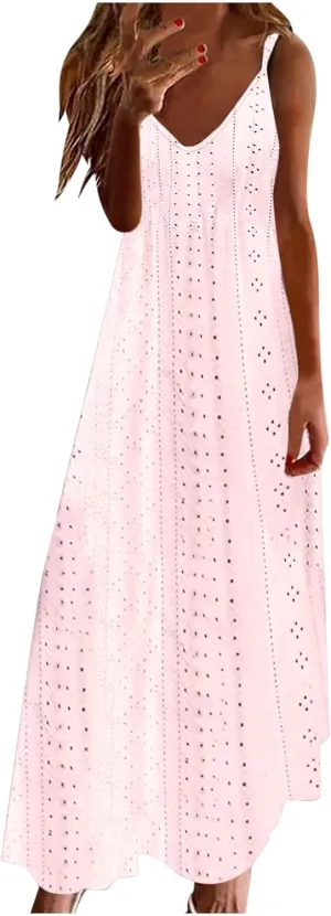 Summer Maxi Dresses for Women 2025 Trendy Beach Vacation Sundress Sexy Spaghetti Strap v Neck Lace Eyelet Dress
