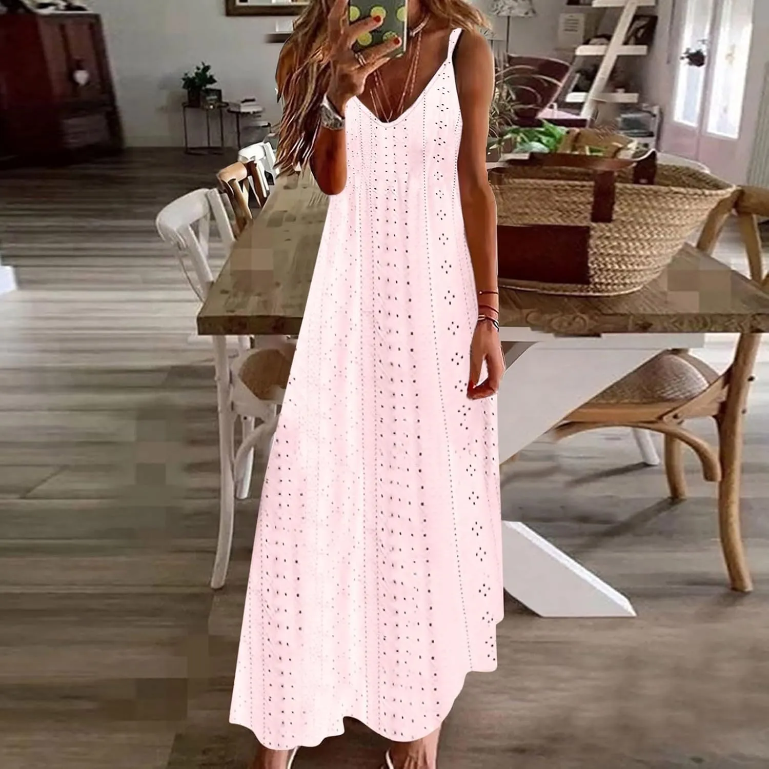 Summer Maxi Dresses for Women 2025 Trendy Beach Vacation Sundress Sexy Spaghetti Strap v Neck Lace Eyelet Dress