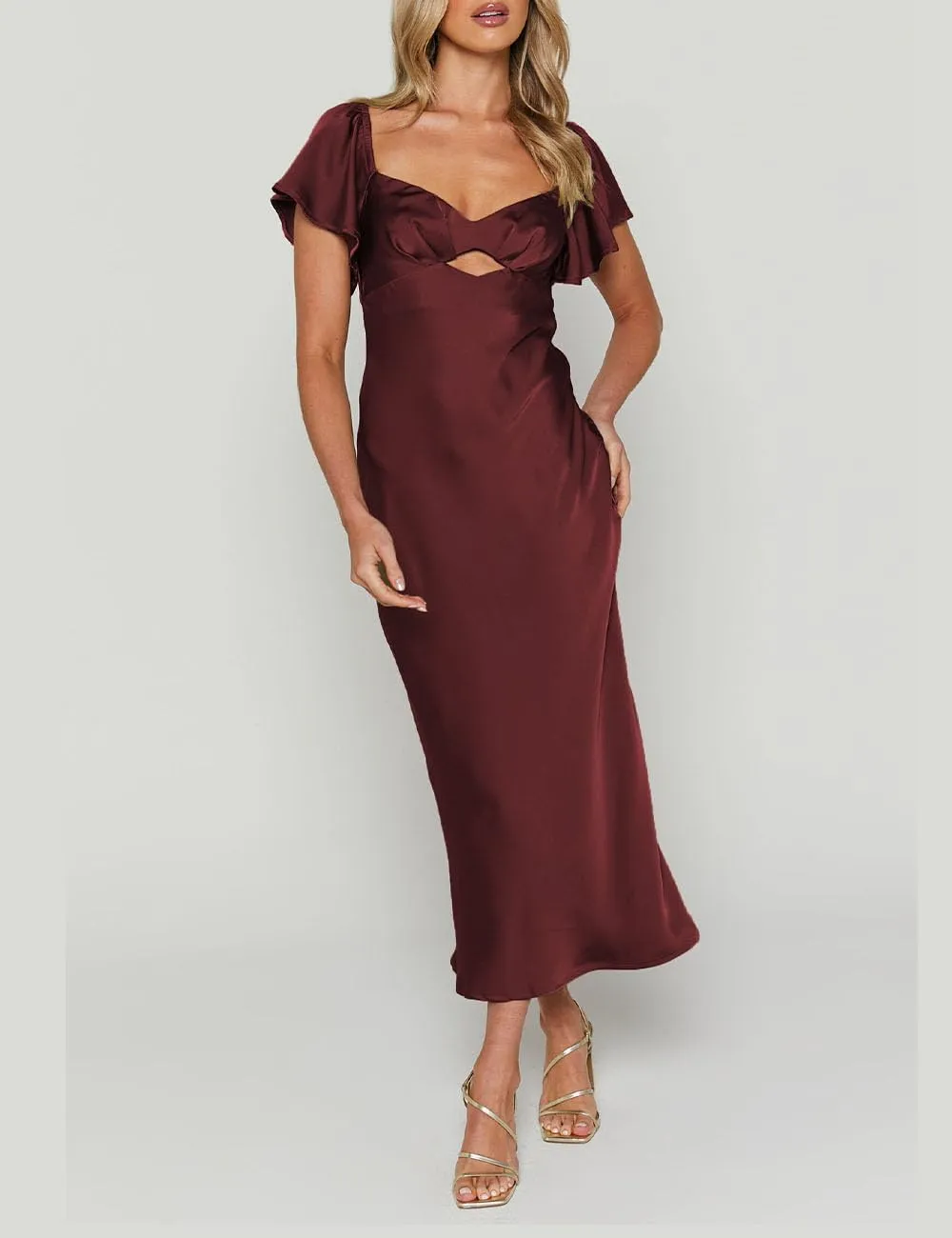 Summer Satin Flutter Sleeve Wedding Guest Dresses for Women Sweetheart Neckline Cutout Tie Back Midi Cocktail Dress