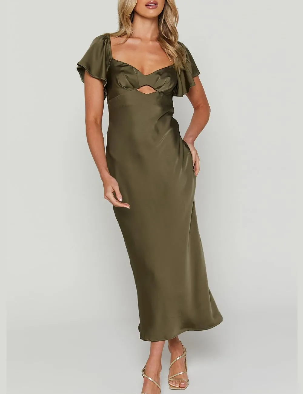 Summer Satin Flutter Sleeve Wedding Guest Dresses for Women Sweetheart Neckline Cutout Tie Back Midi Cocktail Dress