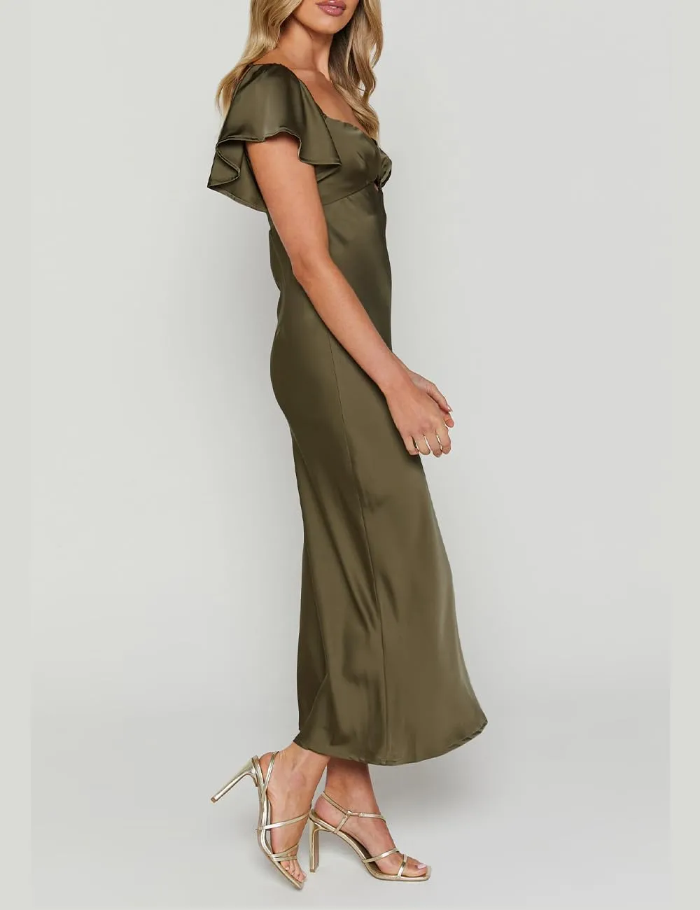 Summer Satin Flutter Sleeve Wedding Guest Dresses for Women Sweetheart Neckline Cutout Tie Back Midi Cocktail Dress