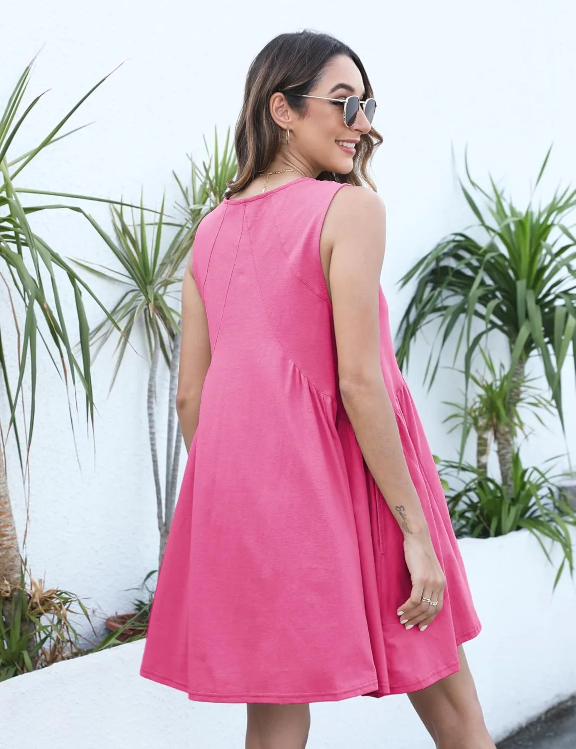 Summer Sleeveless Mini Short Cute Dresses V Neck Casual Loose Beach Sundress with Pockets