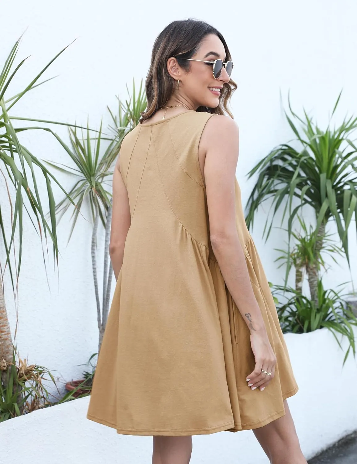 Summer Sleeveless Mini Short Cute Dresses V Neck Casual Loose Beach Sundress with Pockets