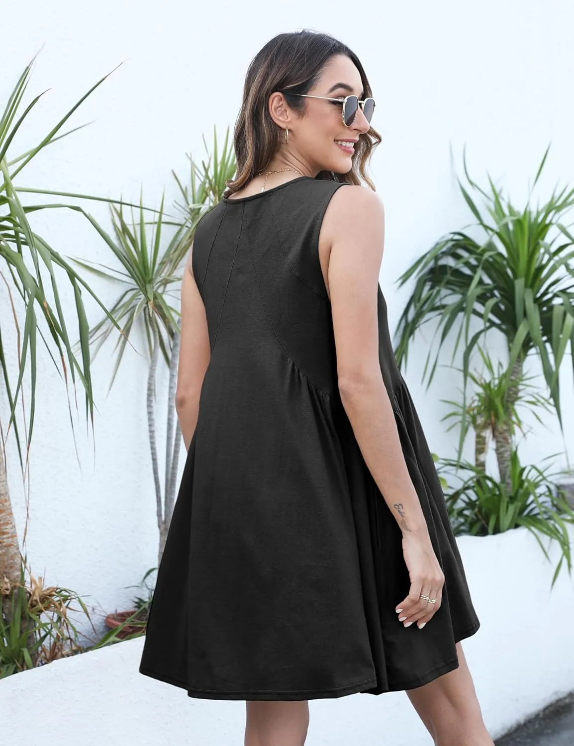 Summer Sleeveless Mini Short Cute Dresses V Neck Casual Loose Beach Sundress with Pockets
