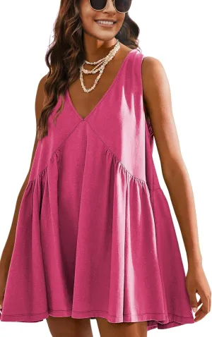 Summer Sleeveless Mini Short Cute Dresses V Neck Casual Loose Beach Sundress with Pockets