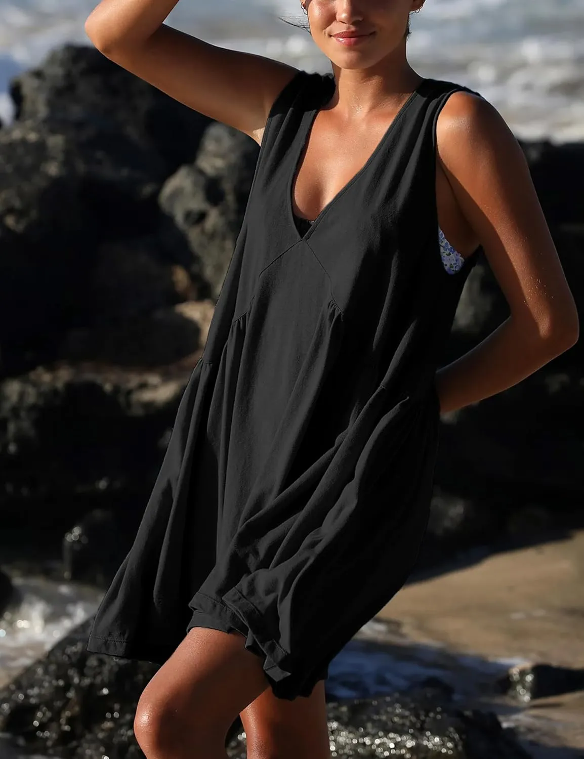 Summer Sleeveless Mini Short Cute Dresses V Neck Casual Loose Beach Sundress with Pockets