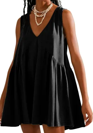 Summer Sleeveless Mini Short Cute Dresses V Neck Casual Loose Beach Sundress with Pockets
