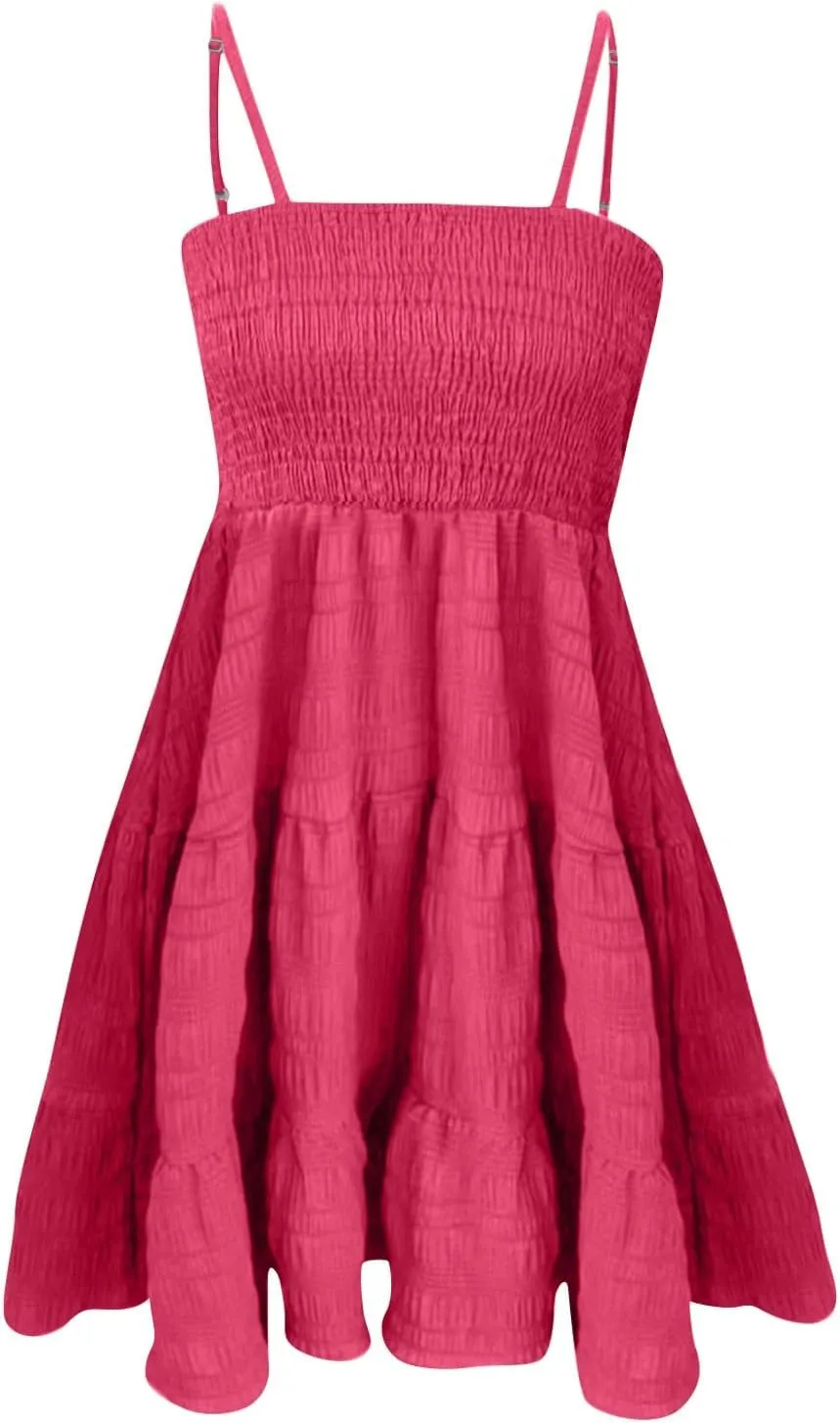 Summer Spaghetti Strap Dresses for Women Sleeveless Square Neck Mini Dress Swing A Line Short Dress Beach Sundresses