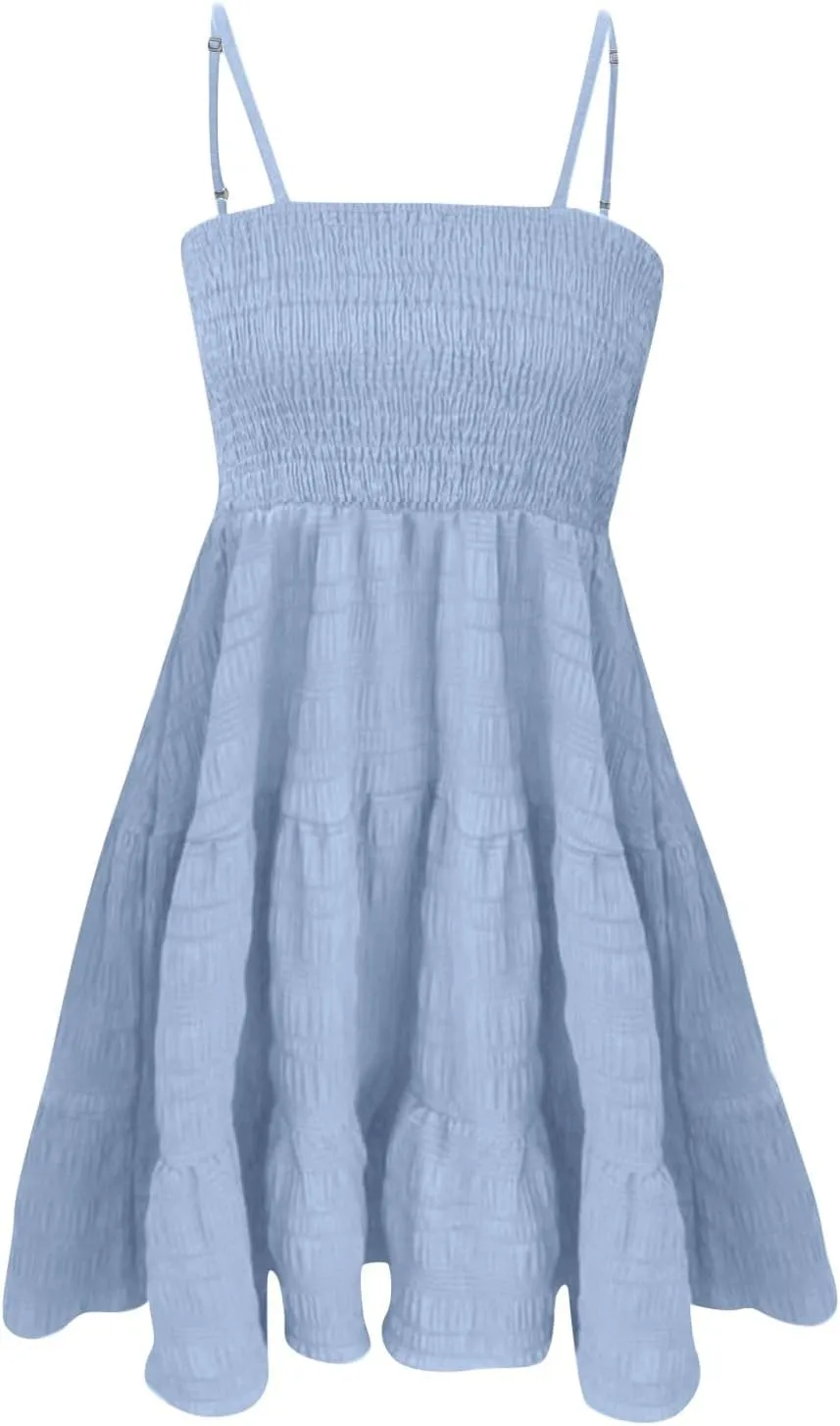 Summer Spaghetti Strap Dresses for Women Sleeveless Square Neck Mini Dress Swing A Line Short Dress Beach Sundresses