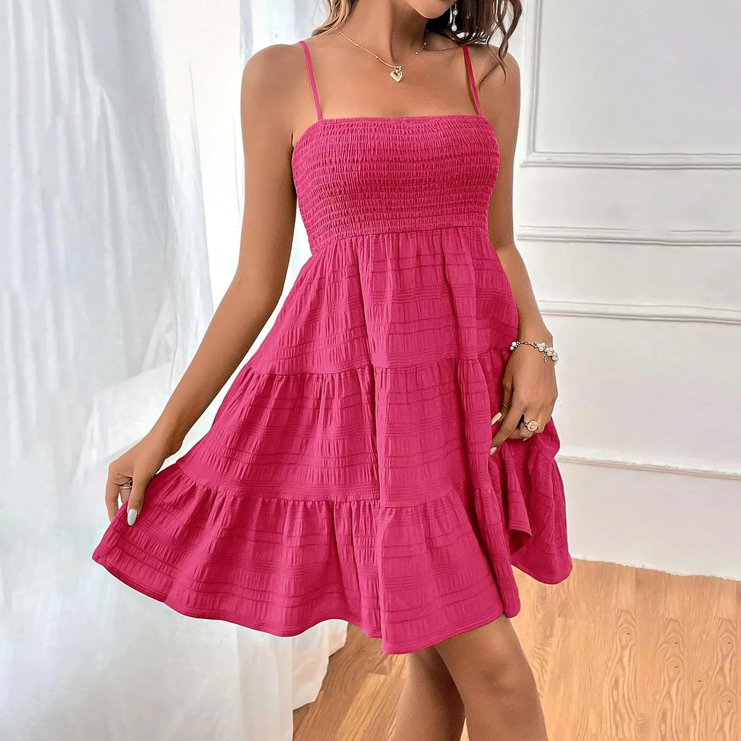 Summer Spaghetti Strap Dresses for Women Sleeveless Square Neck Mini Dress Swing A Line Short Dress Beach Sundresses