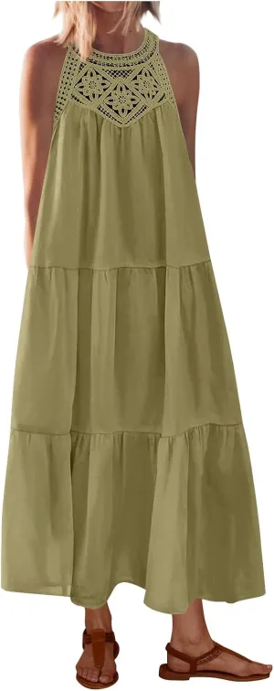Sundresses for Women 2025 Vacation Boho Sleeveless Maxi Dresses Casual Loose Embroidered Summer Long Dress
