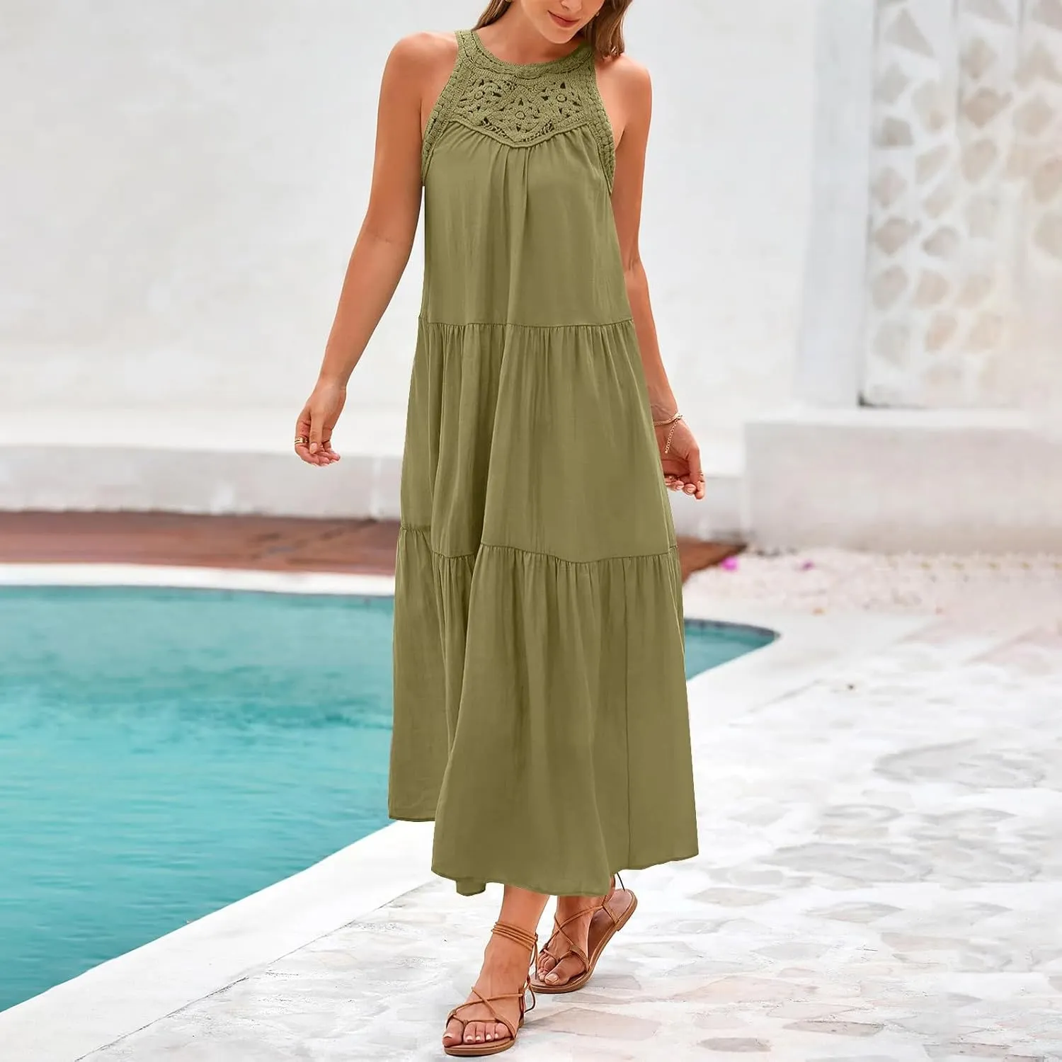 Sundresses for Women 2025 Vacation Boho Sleeveless Maxi Dresses Casual Loose Embroidered Summer Long Dress