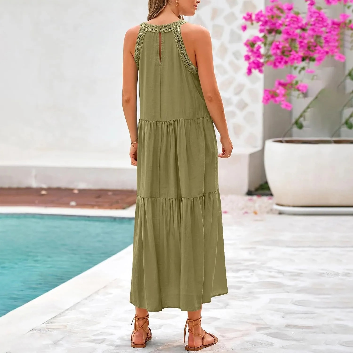 Sundresses for Women 2025 Vacation Boho Sleeveless Maxi Dresses Casual Loose Embroidered Summer Long Dress