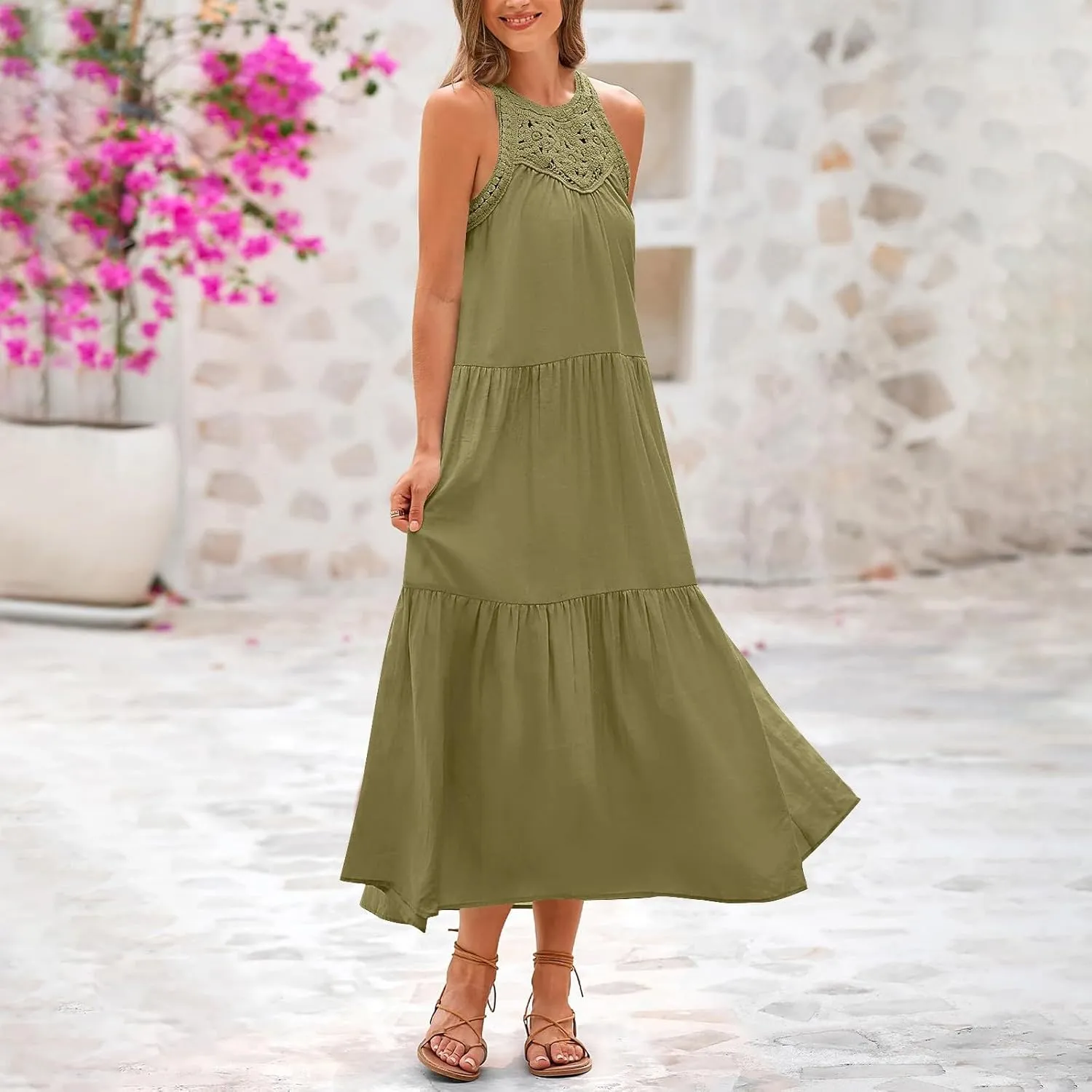 Sundresses for Women 2025 Vacation Boho Sleeveless Maxi Dresses Casual Loose Embroidered Summer Long Dress