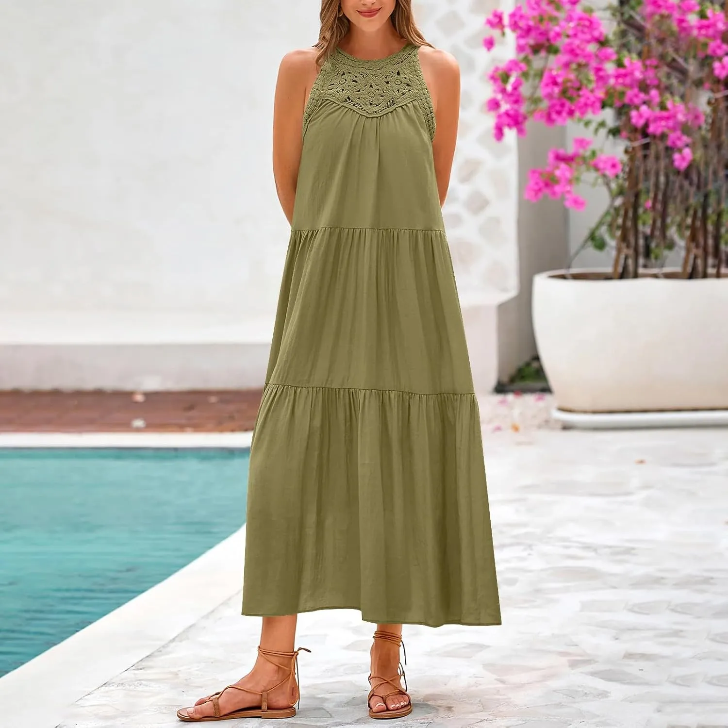 Sundresses for Women 2025 Vacation Boho Sleeveless Maxi Dresses Casual Loose Embroidered Summer Long Dress