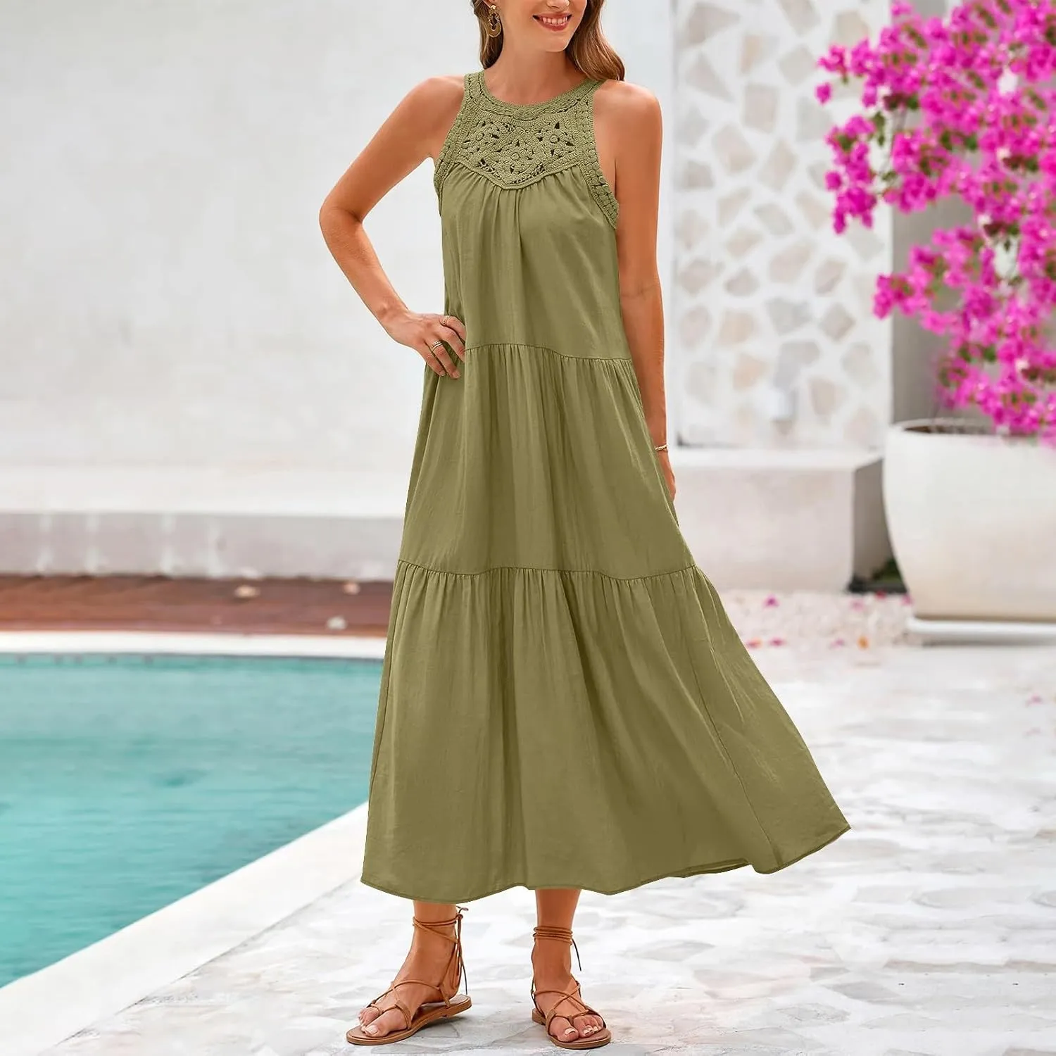 Sundresses for Women 2025 Vacation Boho Sleeveless Maxi Dresses Casual Loose Embroidered Summer Long Dress