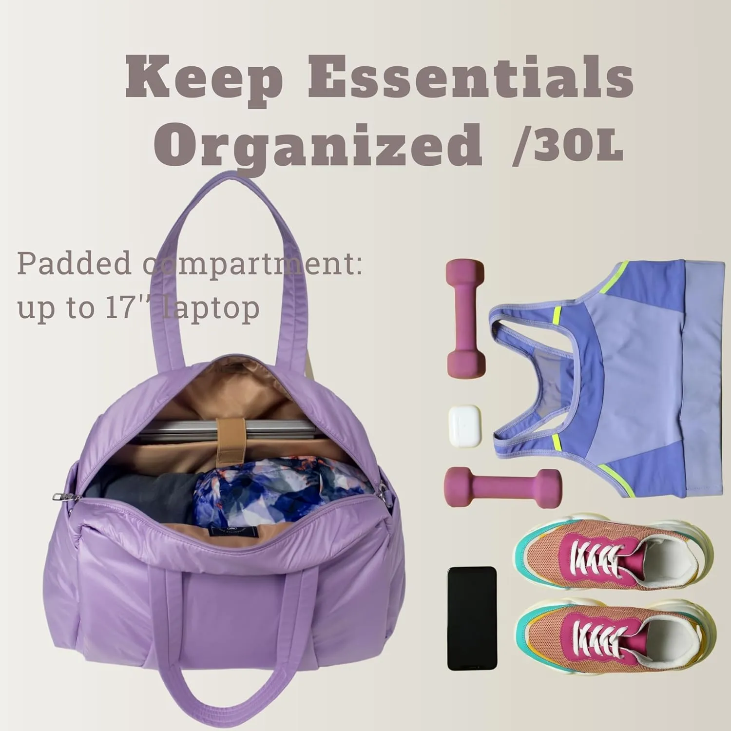 SUNNY BIRD Gym Duffel Bag for Women, Weekender Overnight Bag for Travel (Lilac)