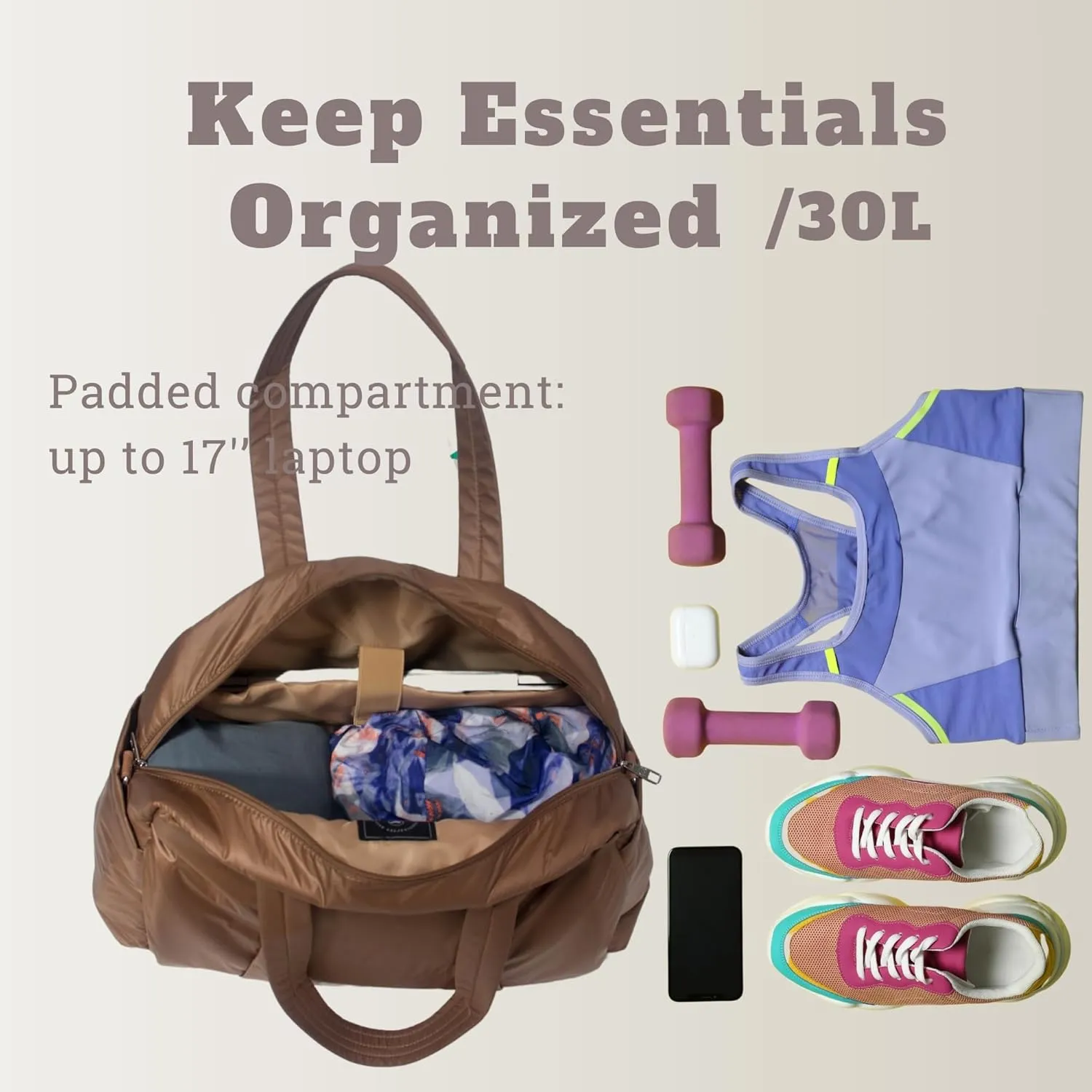 SUNNY BIRD Gym Duffel Bag for Women, Weekender Overnight Bag for Travel (Tan)
