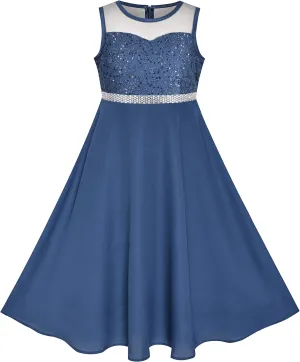 Sunny Fashion Girls Dress Rhinestone Chiffon Bridesmaid Dance Ball Maxi Gown