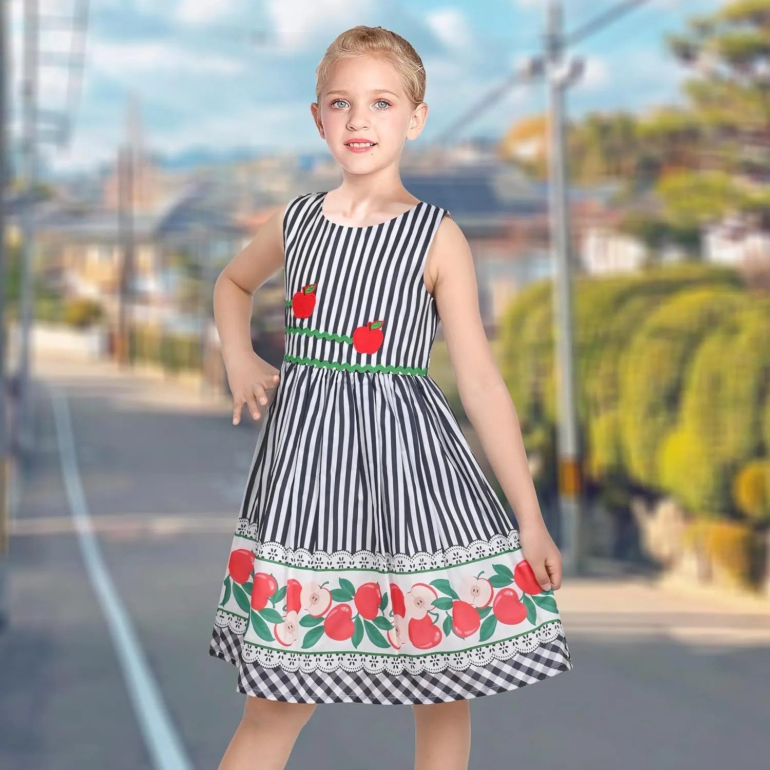 Sunny Fashion Girls Dress Rose Flower Double Bow Tie Party Sundress