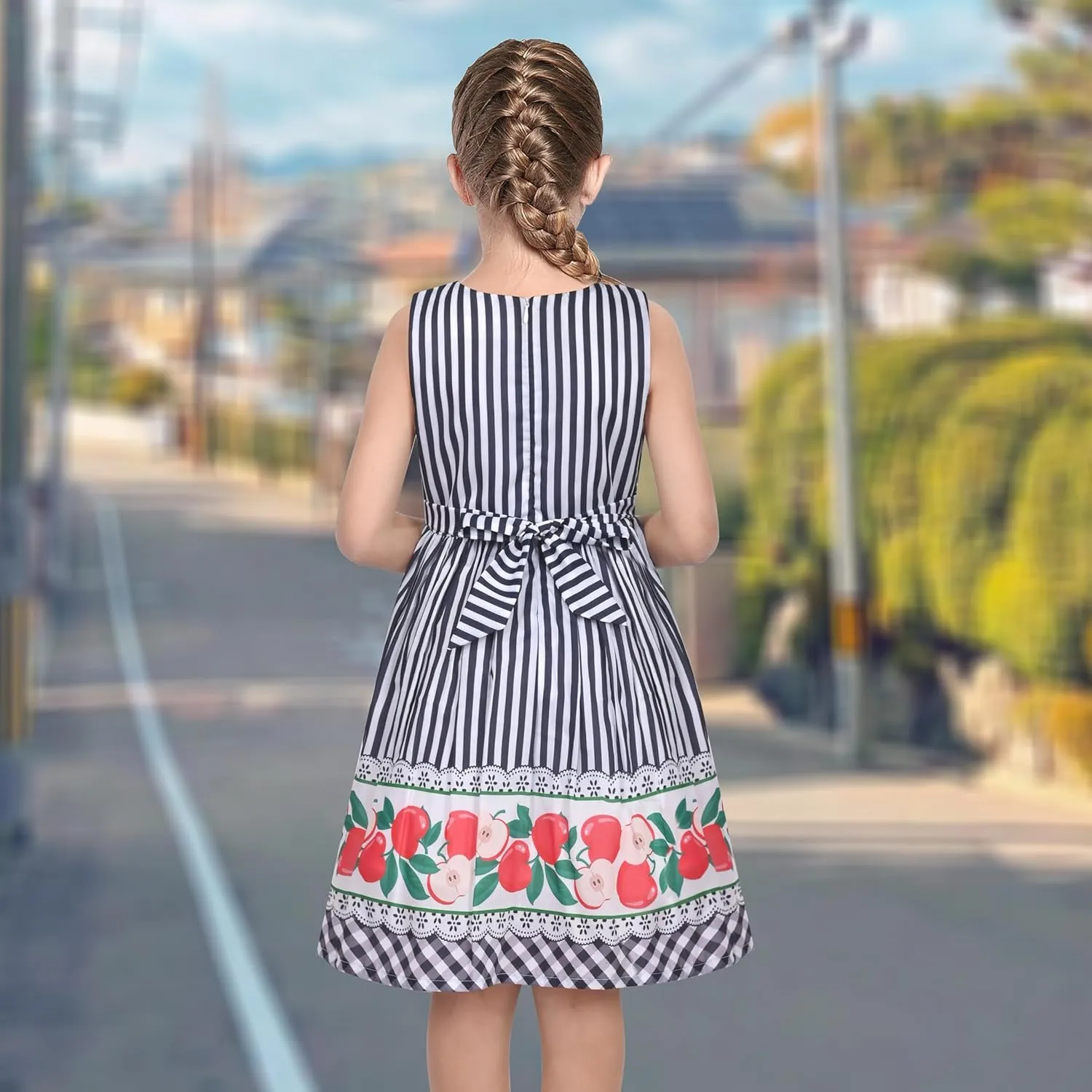 Sunny Fashion Girls Dress Rose Flower Double Bow Tie Party Sundress