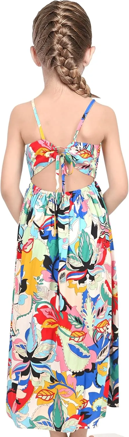 Sunny Fashion Girls Dress Tie Back Flower Black Pink Casual Dress Party