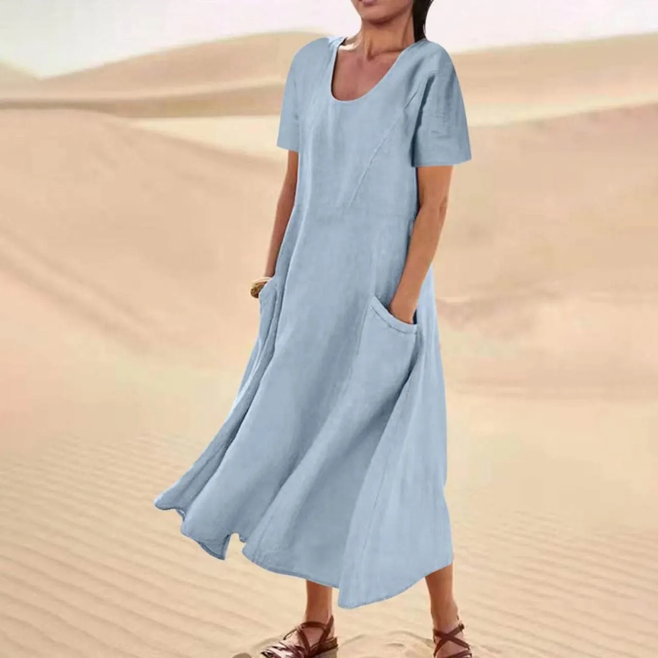 Swing Dresses for Women 2025 Summer Casual Short Sleeve Cotton Linen Dress Loose Ruffle Flowy Maxi Dress with Pockets