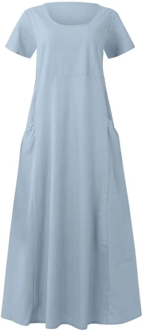 Swing Dresses for Women 2025 Summer Casual Short Sleeve Cotton Linen Dress Loose Ruffle Flowy Maxi Dress with Pockets