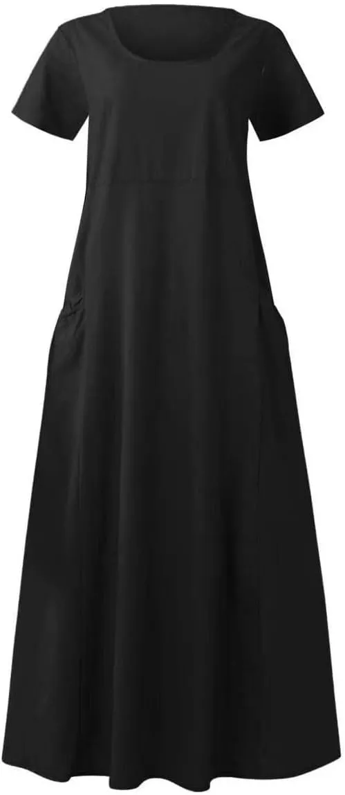 Swing Dresses for Women 2025 Summer Casual Short Sleeve Cotton Linen Dress Loose Ruffle Flowy Maxi Dress with Pockets