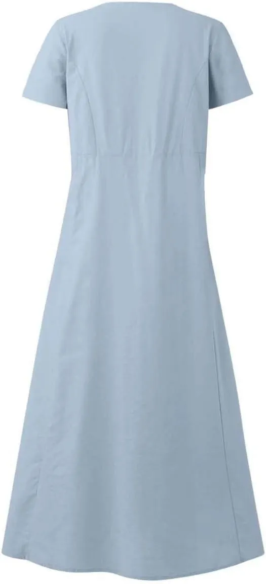 Swing Dresses for Women 2025 Summer Casual Short Sleeve Cotton Linen Dress Loose Ruffle Flowy Maxi Dress with Pockets