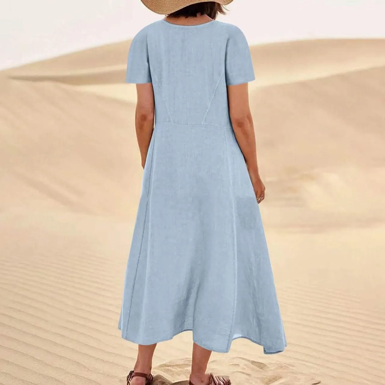 Swing Dresses for Women 2025 Summer Casual Short Sleeve Cotton Linen Dress Loose Ruffle Flowy Maxi Dress with Pockets