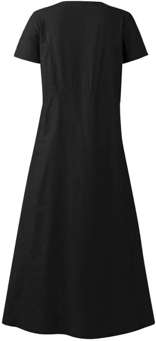 Swing Dresses for Women 2025 Summer Casual Short Sleeve Cotton Linen Dress Loose Ruffle Flowy Maxi Dress with Pockets