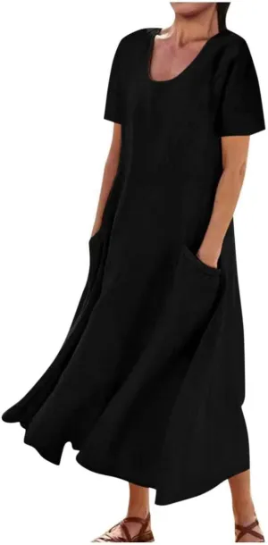 Swing Dresses for Women 2025 Summer Casual Short Sleeve Cotton Linen Dress Loose Ruffle Flowy Maxi Dress with Pockets