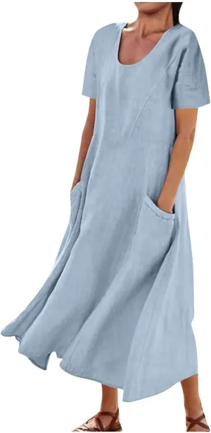 Swing Dresses for Women 2025 Summer Casual Short Sleeve Cotton Linen Dress Loose Ruffle Flowy Maxi Dress with Pockets