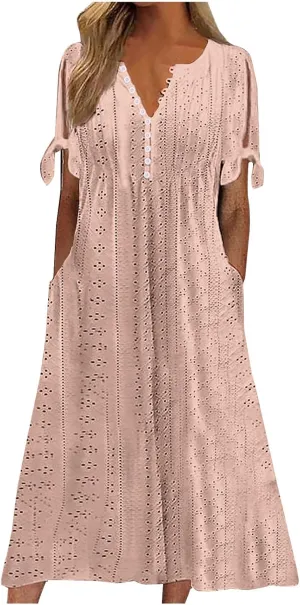 TANGNADE Summer Maxi Dresses for Women 2025 Plus Size Short Sleeve Eyelet Tshirts Dress Long Beach Sundress Wedding Guest