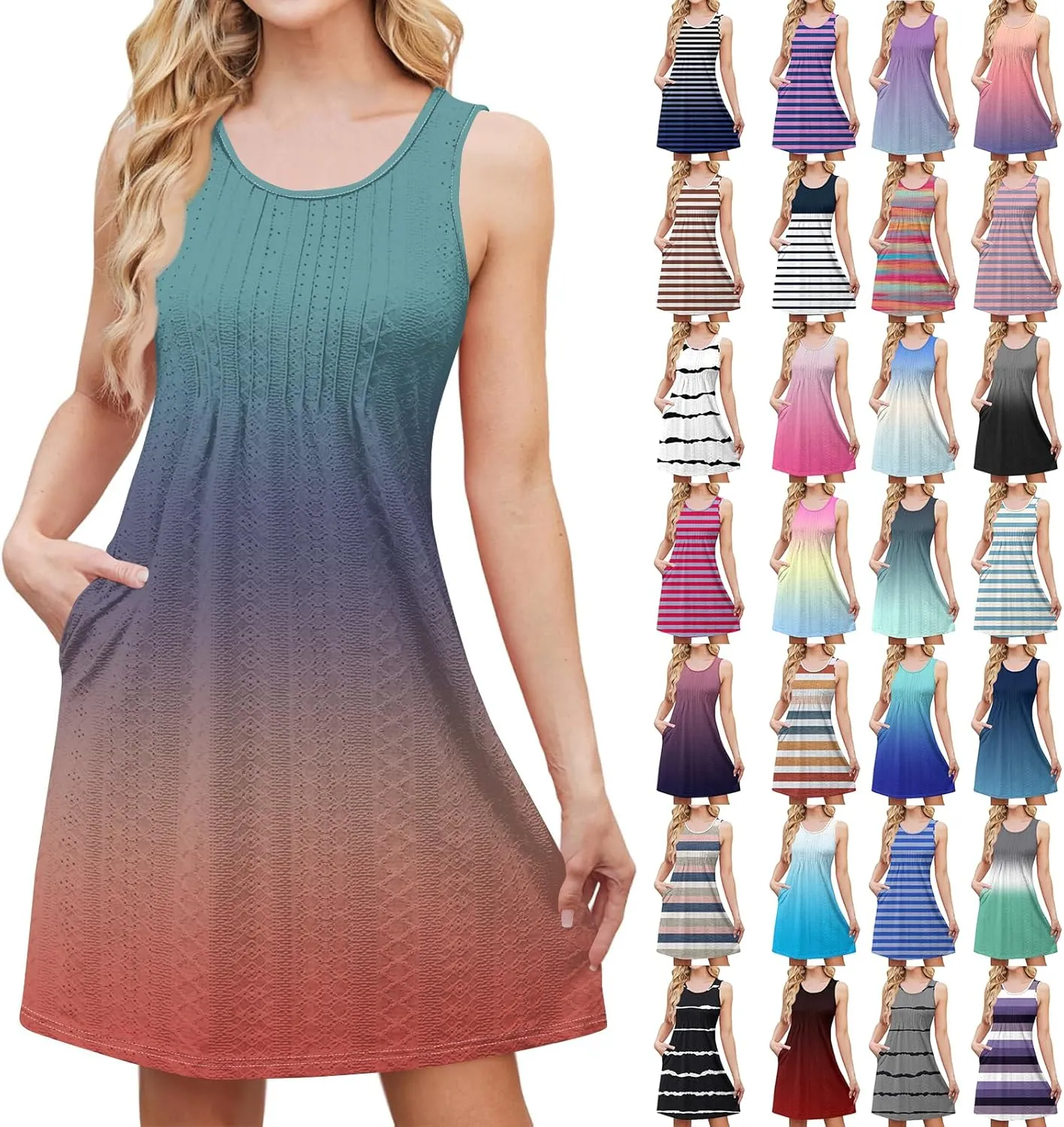 Tank Dresses for Women Summer Smocked Sleeveless Dress Trendy Eyelet Tie Dye Scoop Neck Mini Sundresses with Pocket