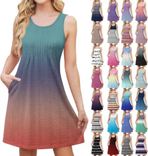 Tank Dresses for Women Summer Smocked Sleeveless Dress Trendy Eyelet Tie Dye Scoop Neck Mini Sundresses with Pocket